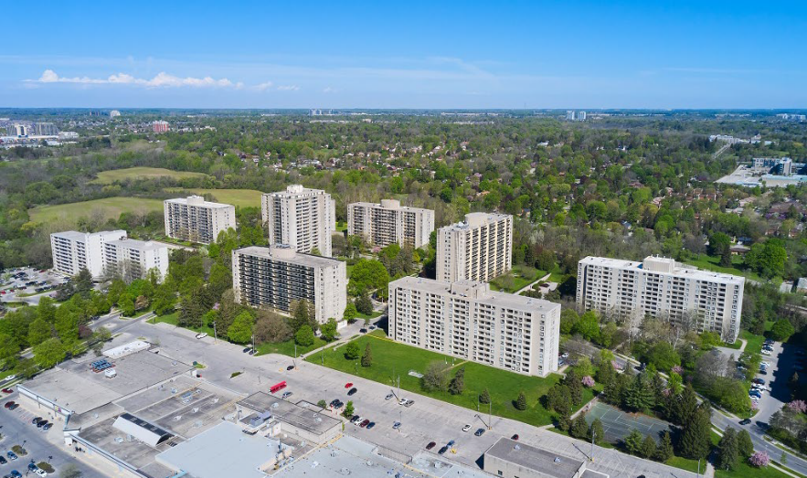 Aerial view of a residential apartment community