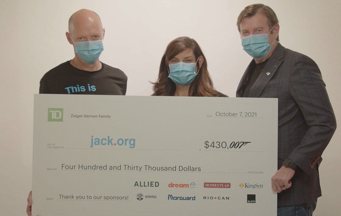 Presentation of a $430,007 cheque to jack.org